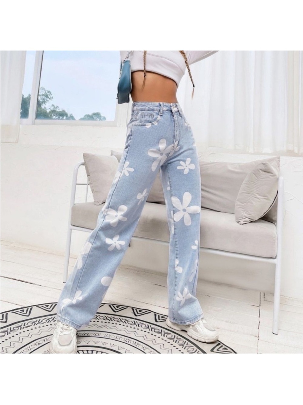 Flying Angel Floral Print Light Blue Wide Leg High Rise Jeans, Size 30 - Picture 3 of 8